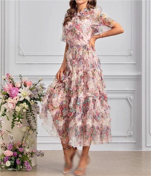 Women's Boho Floral Print Dress Net Yarn Cascading Ruffle Beach Party Summer Vacation Maxi Dresses