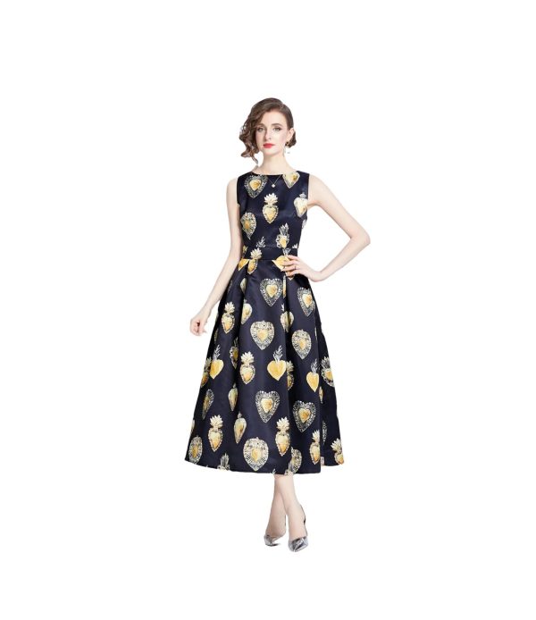 Women Runway Patchwork Jacquard Midi Long Sleeveless Office Work Wear Dress