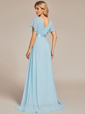 Women's Classic Chiffon Short Sleeve Pleated V-Neck Floor Length Bridesmaid Dresses 09890