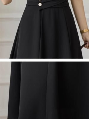 Women Elegant High Waist Office Wear A-Line Maxi Skirts Blue Black EN8 Falda Midi Long Skirt