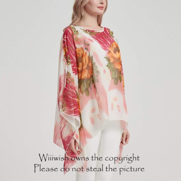 Women's Floral Chiffon Blouse Batwing Summer Hippie Sheer Loose Caftan Poncho Tunic Shirt Tops