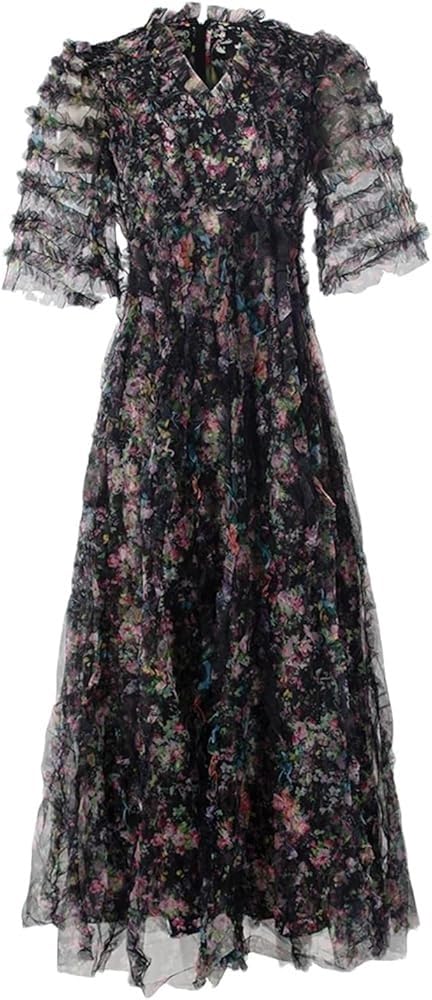 Women's Boho Floral A-Line Dress V-Neck Short Sleeve Net Yarn Cascading Ruffle Summer Beach Dresses