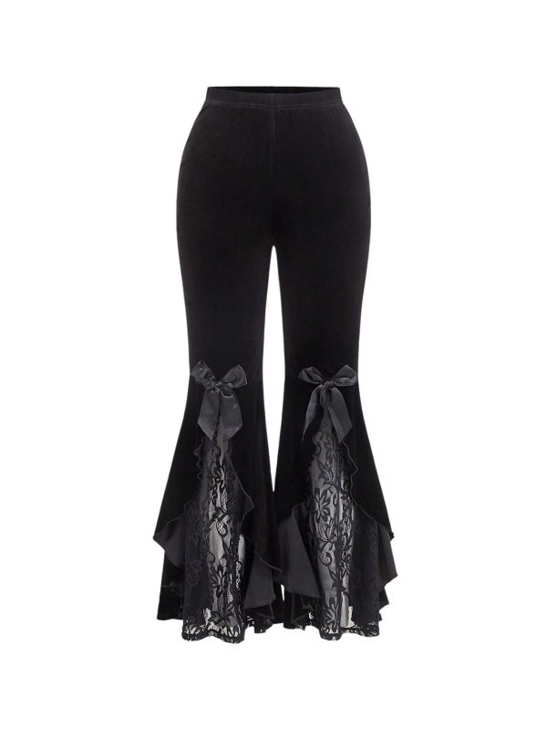 Women's Plus Size Bow Knot Lace Flare Leg Pants Ruffle High Waist Long Trousers