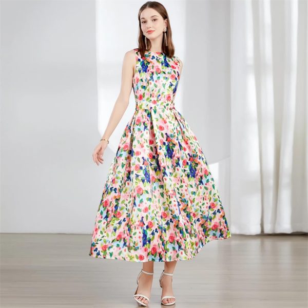 Women Runway Patchwork Jacquard Midi Long Sleeveless Office Work Wear Dress