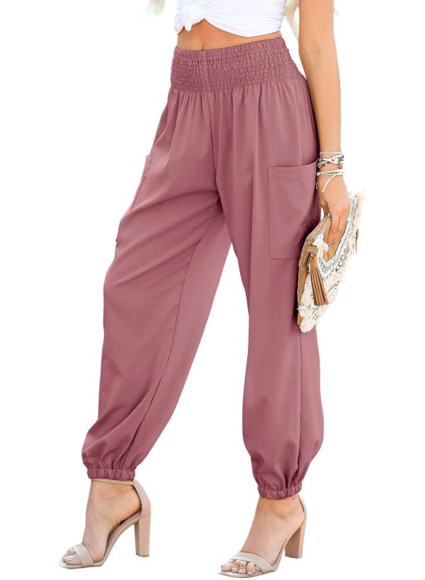 Womens Summer Boho Business Casual Smocked 2025 High Waisted Cargo Summer Long Elephant Pants with Pockets