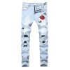 Men's Ripped Floral Embroidered Skinny Jeans Vintage Style with Broken Holes Denim Pants Stretch Fit Jean Trousers (Light