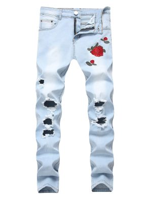 Men's Ripped Floral Embroidered Skinny Jeans Vintage Style with Broken Holes Denim Pants Stretch Fit Jean Trousers (Light