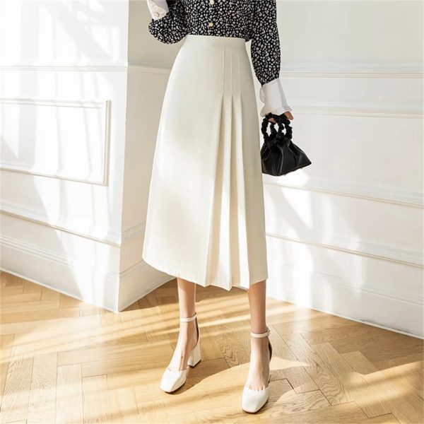 Women Vintage Solid High Waist Long Pleated Skirt Elegant Office Wear A-Line Ladies Skirts
