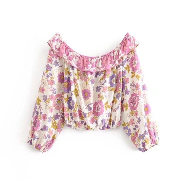 Women's Floral Resort Set - Slash Neck Ruffle Blouse & High Waist Maxi Skirt in Soft Pink