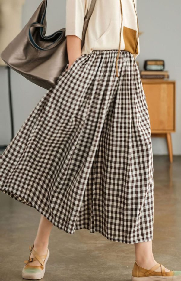 Women's Cotton Linen Pants Elastic Waist Plaid Gingham Wide Leg Capri Palazzo Pants