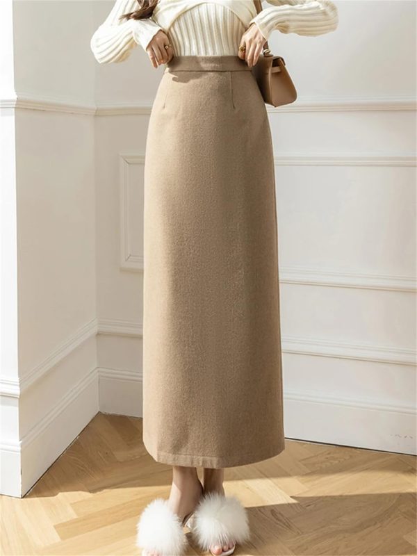 Women Vintage Solid Bodycon Split Wrap Wool Skirt Straight Retro High Waist Long Winter Skirts