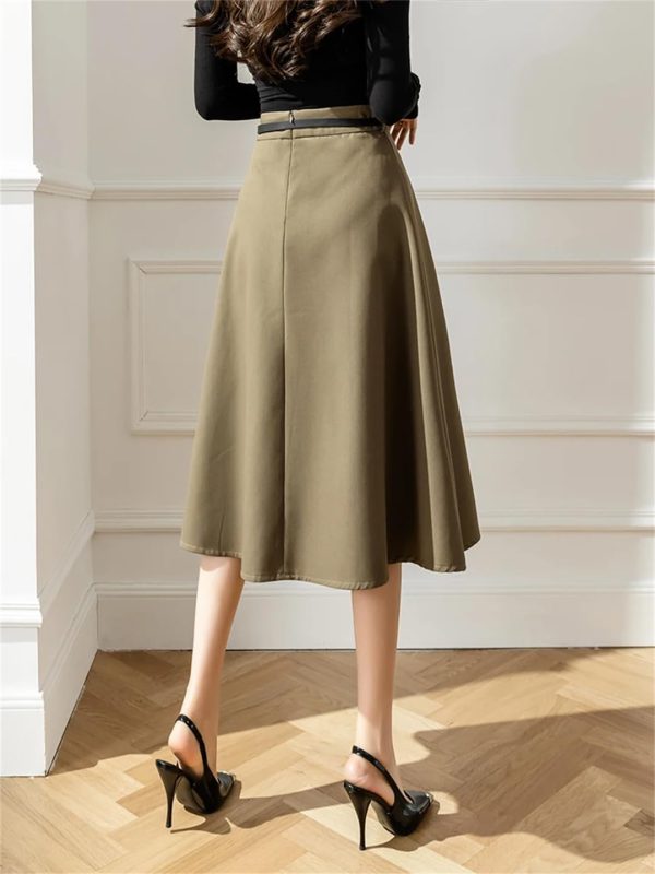 Women's High Waist A-Line Skirt with Belt Office Work OL Big Swing Midi Skirts
