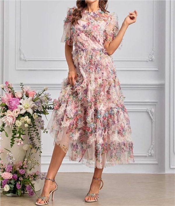 Women's Bohemian Floral Print Net Yarn Cascading Ruffle Dress Summer Beach Party Prom Dresses