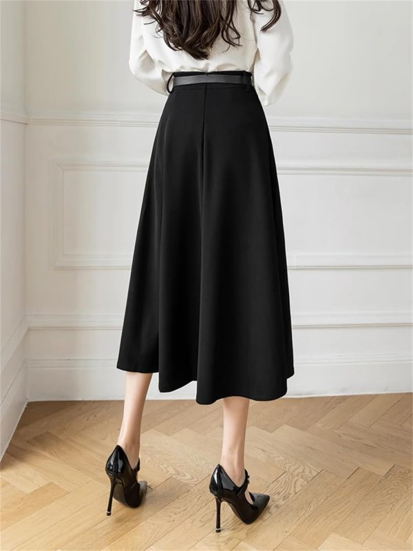 Women's A-Line Skirt with Belt High Waist Loose Office OL Big Swing Midi Skirts