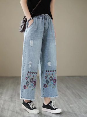 Fashion Spring Summer Ladies Ripped Loose Jeans Women Casual Embroidery Elastic Wide-Leg Denim Trousers