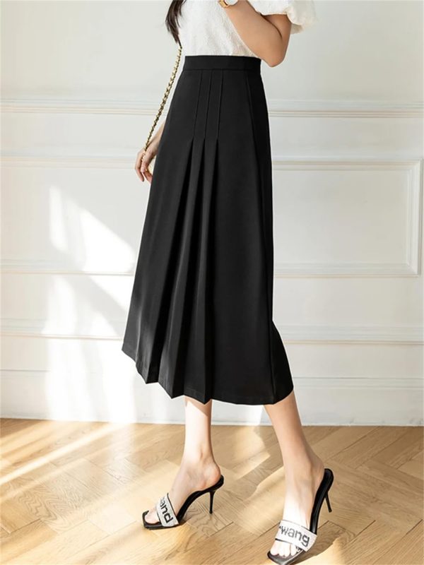 Women Vintage Solid High Waist Long Pleated Skirt Elegant Office Wear A-Line Ladies Skirts