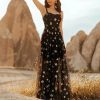 Women V-Neck Five Pointed Star Mesh Hanging Strap Perspective Temperament Long Dresses