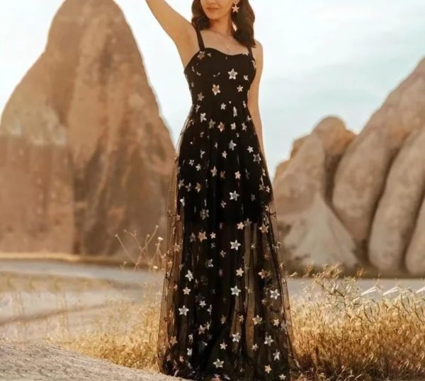 Women V-Neck Five Pointed Star Mesh Hanging Strap Perspective Temperament Long Dresses