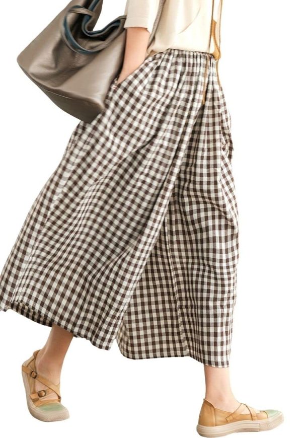 Women's Cotton Linen Pants Elastic Waist Plaid Gingham Wide Leg Capri Palazzo Pants