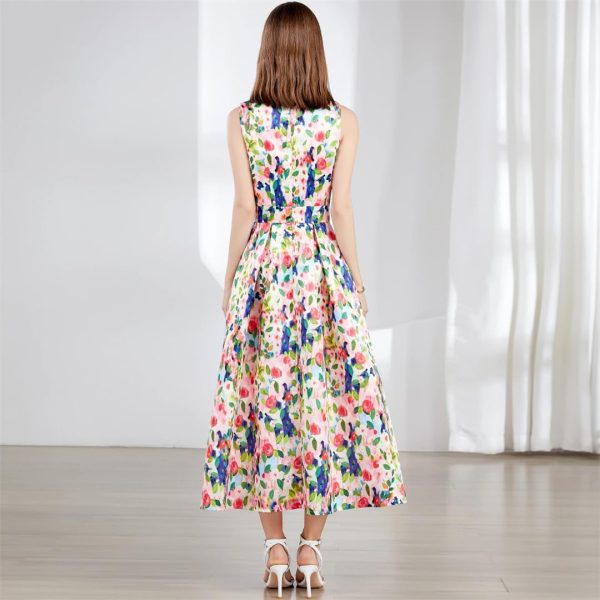 Women Runway Patchwork Jacquard Midi Long Sleeveless Office Work Wear Dress