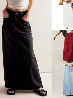 Women Vintage Denim Skirt High Waist A Line Long Wrap Hip Skirt Button Casual
