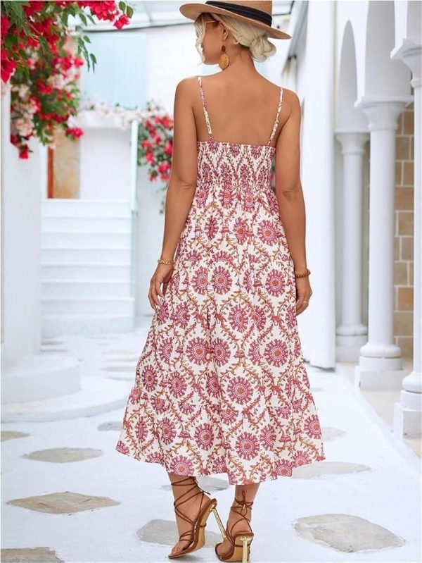 Bohemian Floral Sundress Women Sleeveless Strap Dress with Bowknot Folds Cut Out Summer Beach Casual Maxi Dress