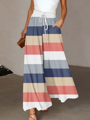 Wide Leg Pants Woman Summer 2025 Flowy High Waisted Trousers Baggy Drawstring Beach Pant with Pockets