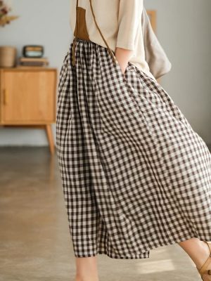 Women's Cotton Linen Pants Elastic Waist Plaid Gingham Wide Leg Capri Palazzo Pants