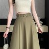 Women's Elegant Office OL Loose A-Line Skirt with Belt Big Swing Midi Skirts