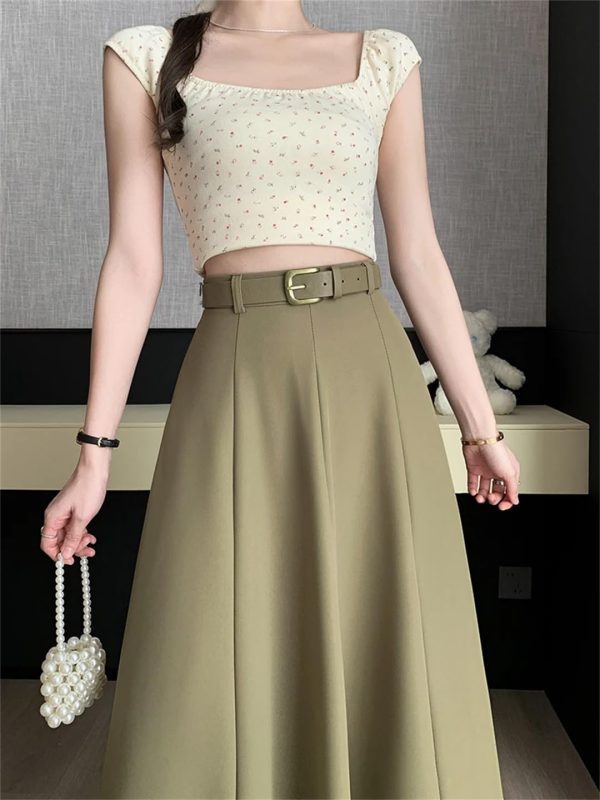 Women's Elegant Office OL Loose A-Line Skirt with Belt Big Swing Midi Skirts