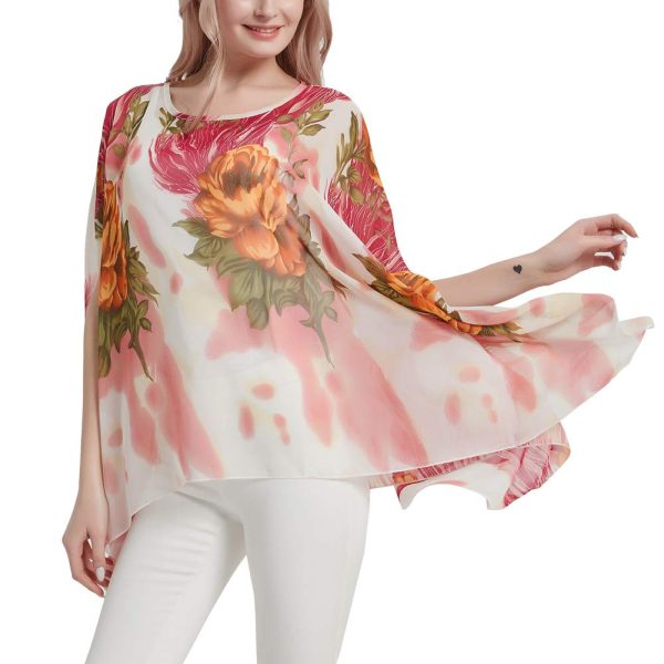 Women's Floral Chiffon Blouse Batwing Summer Hippie Sheer Loose Caftan Poncho Tunic Shirt Tops