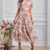 Women's Bohemian Floral Print Net Yarn Cascading Ruffle Dress Summer Beach Party Prom Dresses