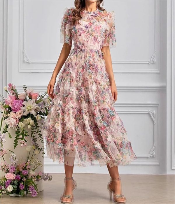 Women's Bohemian Floral Print Net Yarn Cascading Ruffle Dress Summer Beach Party Prom Dresses