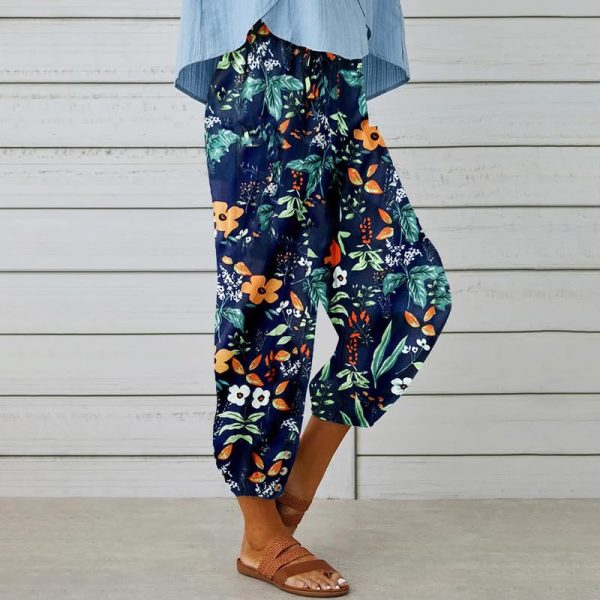 Cotton Casual Capri for Women Elastic High Waisted Loose Lantern Tapered Harem Pants with Pockets