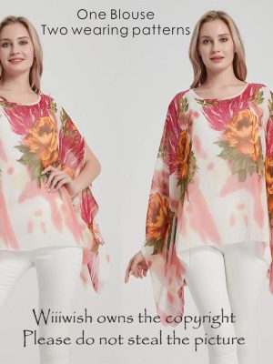 Women's Floral Chiffon Blouse Batwing Summer Hippie Sheer Loose Caftan Poncho Tunic Shirt Tops