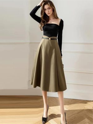 Women's High Waist A-Line Skirt with Belt Office Work OL Big Swing Midi Skirts