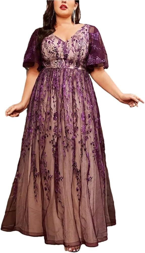 Women's Plus Size Evening Gown Ball Dress V-Neck Embroidered Lace Mesh Long Skirt Party Dress