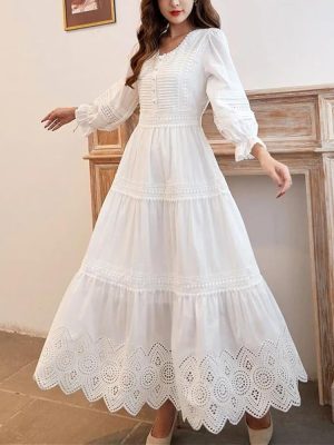 Classic Lace Maxi Dress Women Bohemian Hollow Out A Line Skirt Elegant White Casual Long Dresses