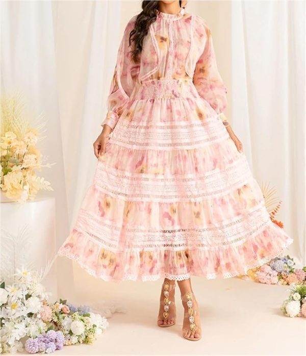 Women Vintage Printing High Waist Dress Party Vacation Beach Sundress Flowy Midi Bohemian Casual Dresses