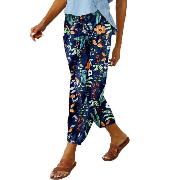 Cotton Casual Capri for Women Elastic High Waisted Loose Lantern Tapered Harem Pants with Pockets