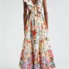 Women's Patchwork V-Neck Floral Print Dress Spliced Ruffles Short Sleeve High Waist Lace-Up Maxi Dresses