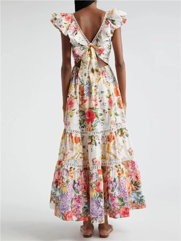 Women's Patchwork V-Neck Floral Print Dress Spliced Ruffles Short Sleeve High Waist Lace-Up Maxi Dresses