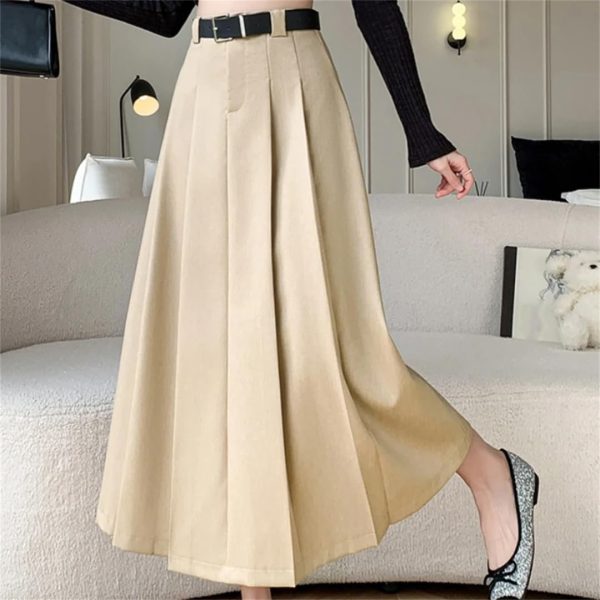 Women Mid Length Skirt High Waist A-Line Large Swing Umbrella Skirt OL Knee Length Suit Pleated Long Skirt