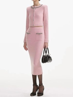 Women's Slimming Spliced Button Skirt Set - Round Neck Sleeve Top & High Waist Skirt Set