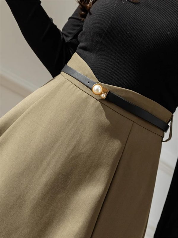 Women's High Waist A-Line Skirt with Belt Office Work OL Big Swing Midi Skirts