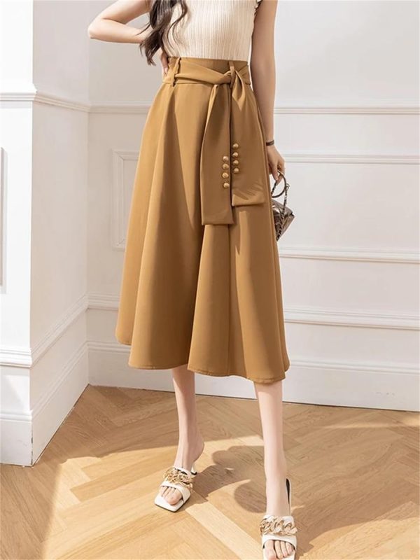 Women Vintage Elegant Big Swing Maxi Skirt High Waist Bandage Belt Cute Umbrella A-Line Long Skirts