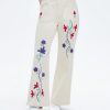 Womens Embroidered Corduroy Pants Casual Winter Straight Leg Elastic Waist Vintage Trousers with Pockets