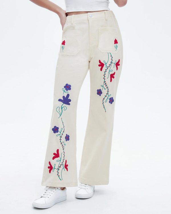 Womens Embroidered Corduroy Pants Casual Winter Straight Leg Elastic Waist Vintage Trousers with Pockets