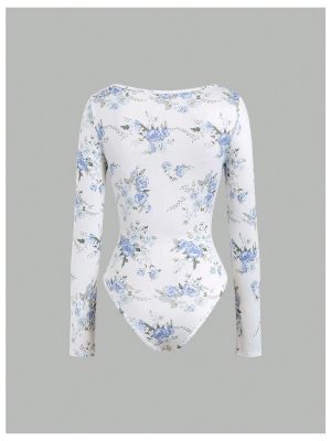 Women's Floral Square Neck Long Sleeve Bodysuit Ruched Casual Tee Tops