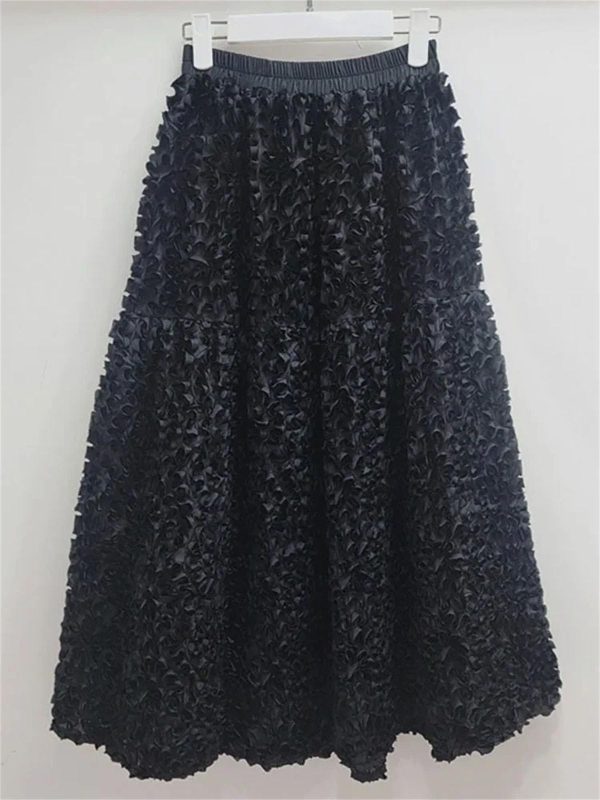 Women's 3D Floral Maxi Skirt, Elastic High Waist Ruffled Hem A-Line Skirt